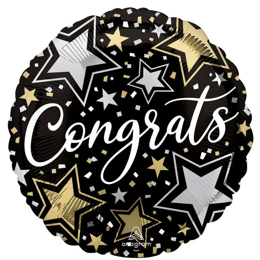 Gold and Silver Star Black Congrats Balloon 18” Foil