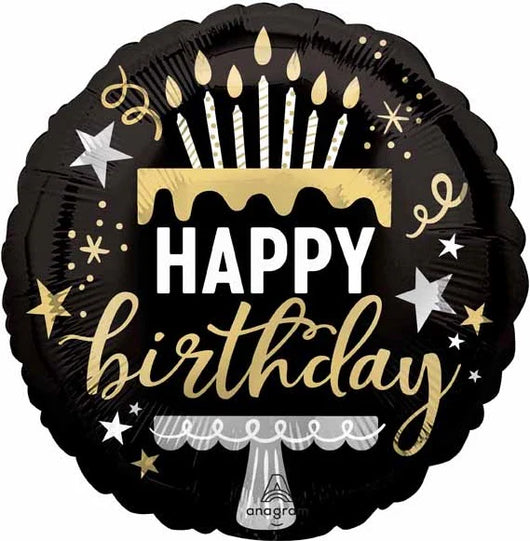 Happy Birthday Cake and Candles Black and Gold 18” Foil