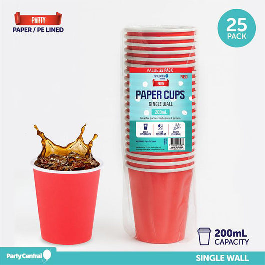 25 Pack Red Paper Cup 200 ml