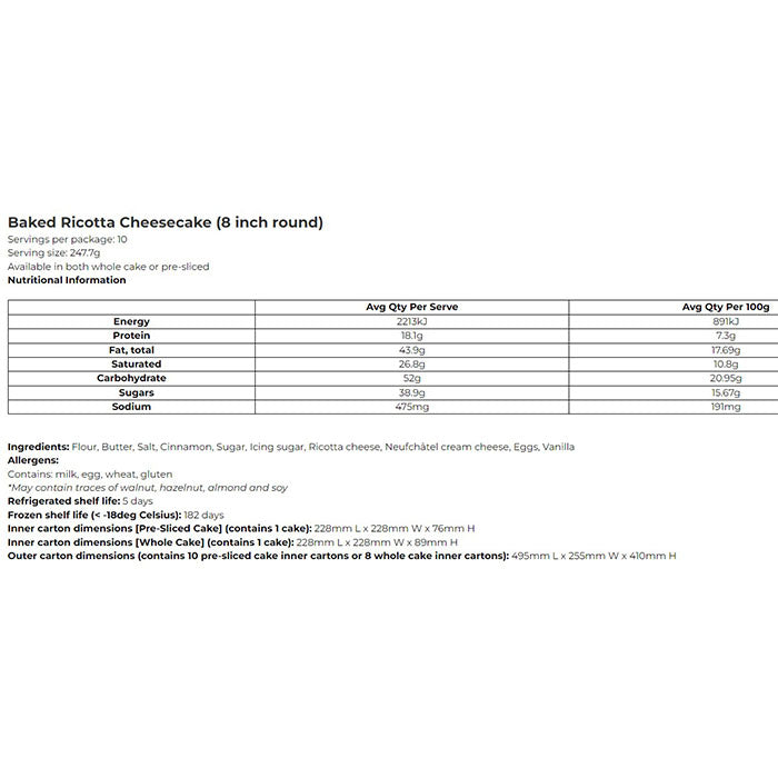 8" Baked Ricotta Cheesecake The French Kitchen Castle Hill
