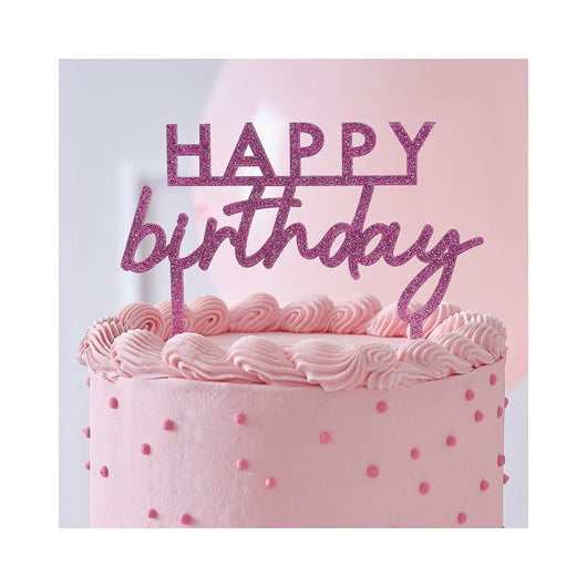 Pink Glitter Happy Birthday Cake Topper