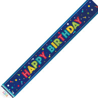 Blue Happy Birthday banner | Colourful party hats and balloons