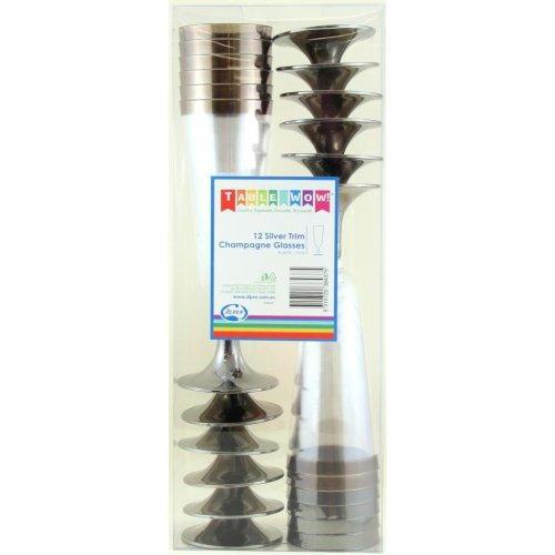 Silver Trim Champagne Glasses - 12 Pack