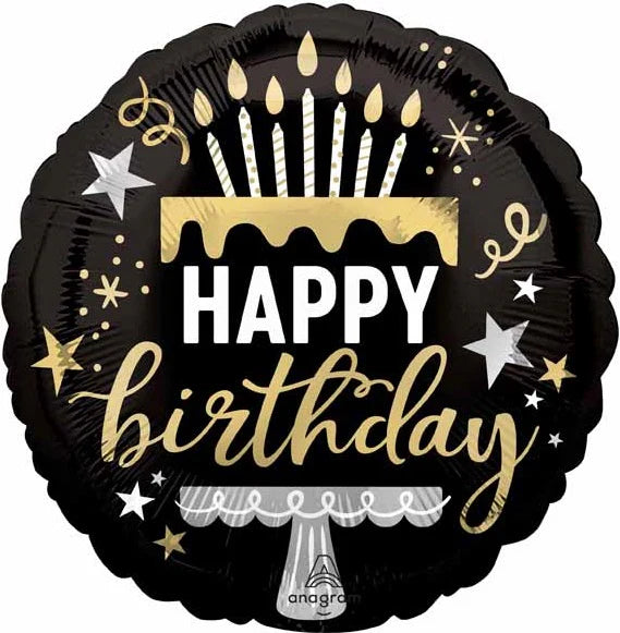 Happy Birthday Cake and Candles Black and Gold 18” Foil