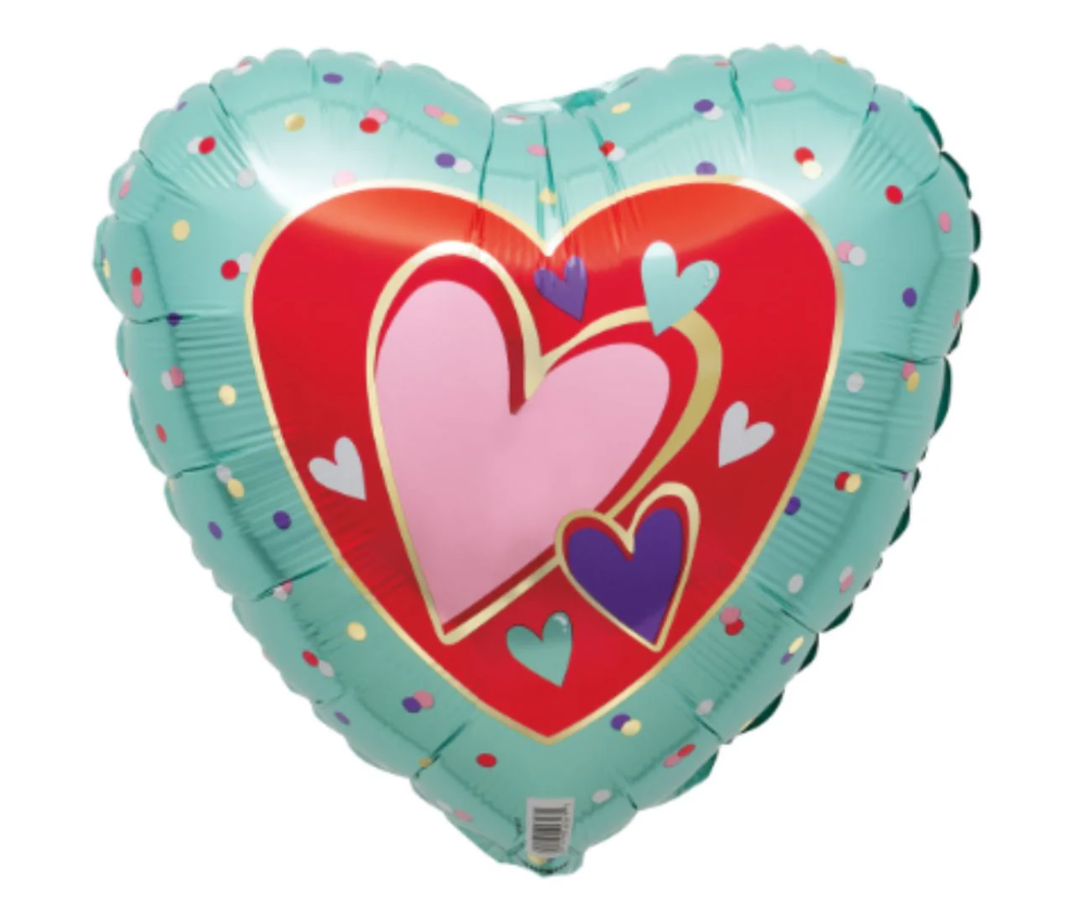 Colourful Hearts on a Heart Foil Balloon