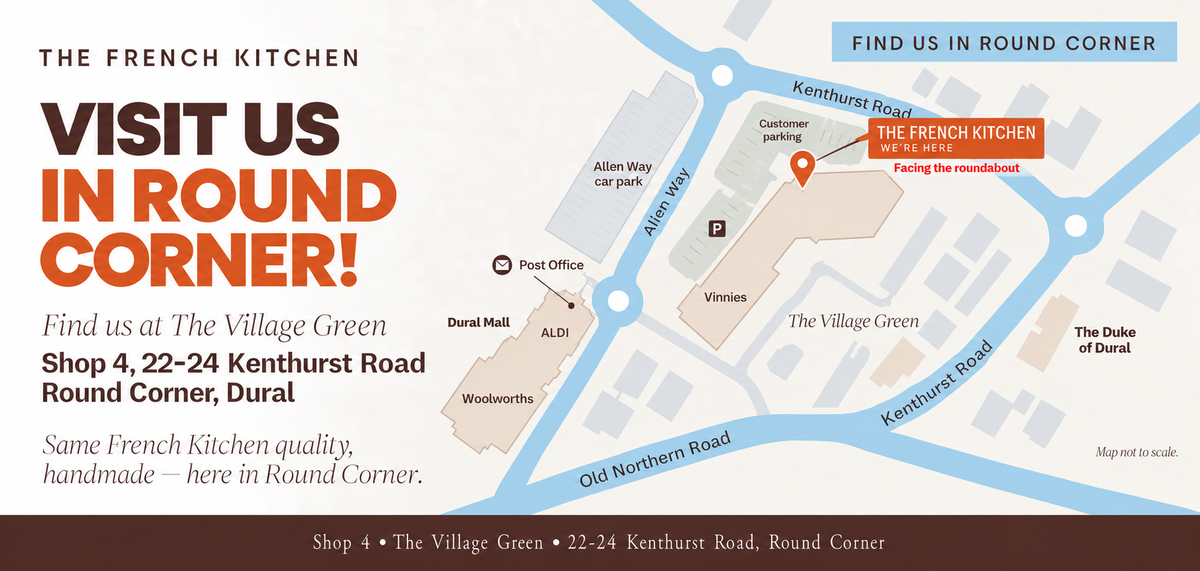 Visit us in Round Corner. Find us at The Village Green, Shop 4, 22-24 Kenthurst Road, Round Corner, Dural. We face the roundabout, and customer parking is marked on the map. Same French Kitchen quality, here in Round Corner.