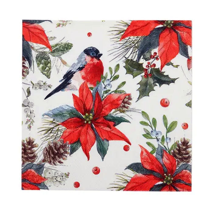 Christmas Napkins | Red Poinsettia & Bird | 20 pack