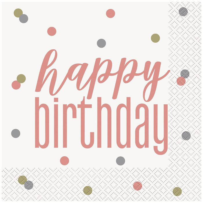Rose Gold "Happy Birthday" Luncheon Napkins – 16 Pack
