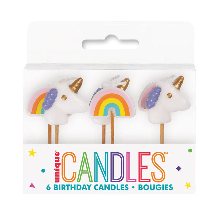 6pk Unicorn and Rainbow Pick Candles