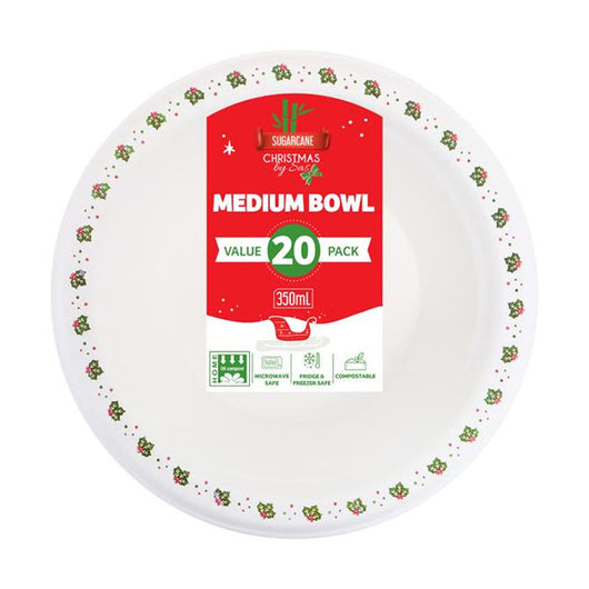 Sugarcane Christmas Round Bowls – 350mL (20 Pack, Holly Print)