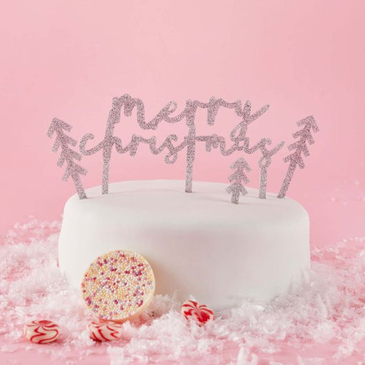 Silver Merry Christmas Cake Topper Set
