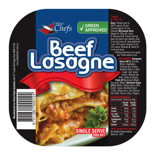 Beef Lasagne 220 g | Allied Chef | The French Kitchen Castle Hill