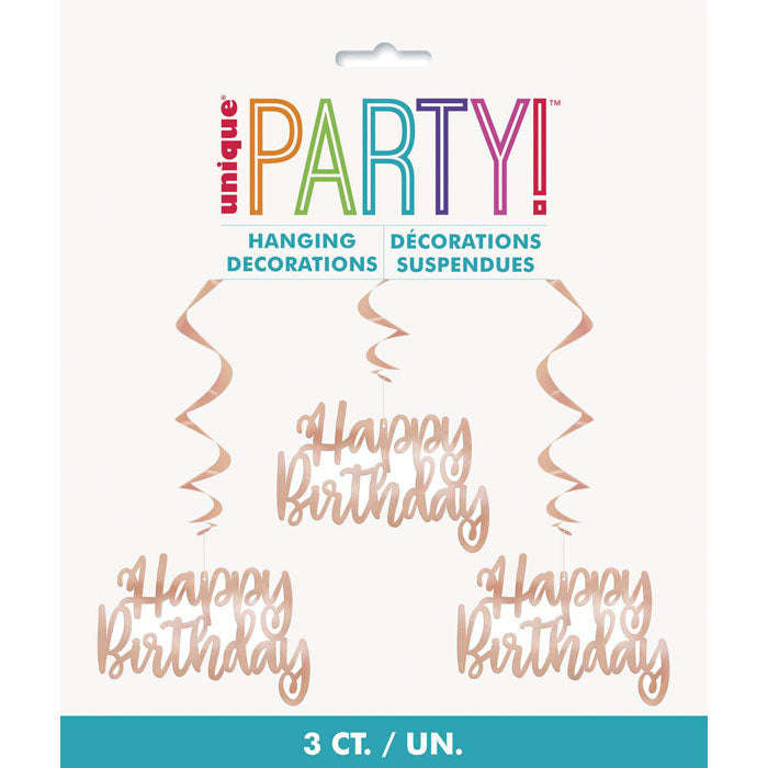 Rose Gold Hanging Swirl Decorations | Happy Birthday