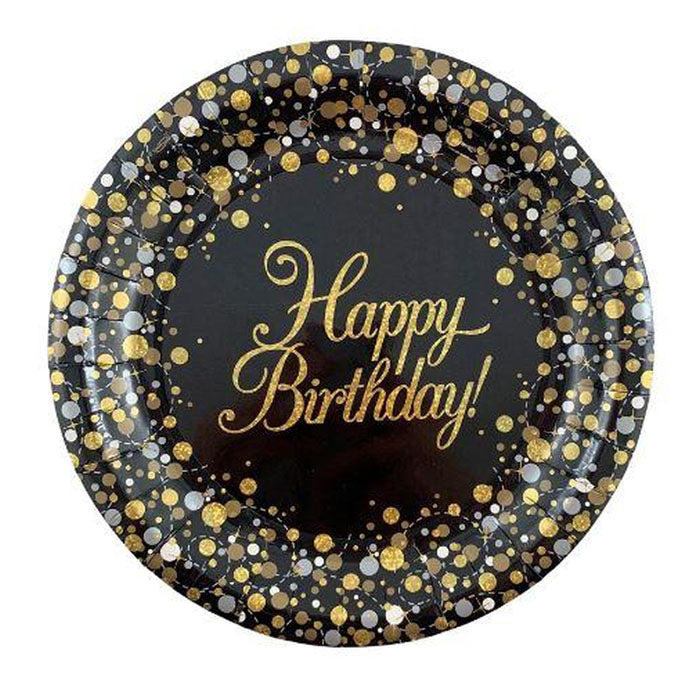 Sparkling Fizz Happy Birthday Plates | Black & Gold